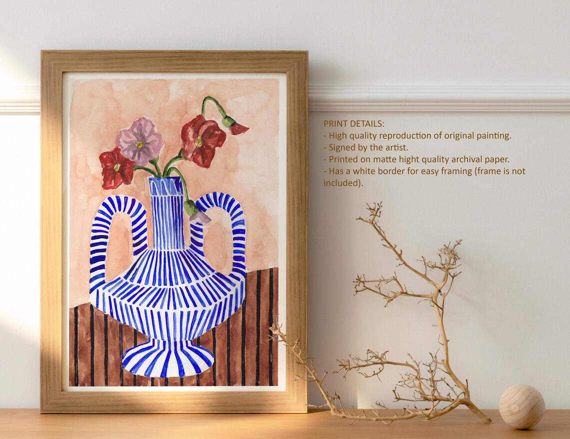 Red Poppies In Blue Striped Vase Floral Still Life Botanical Art Print - Image 4