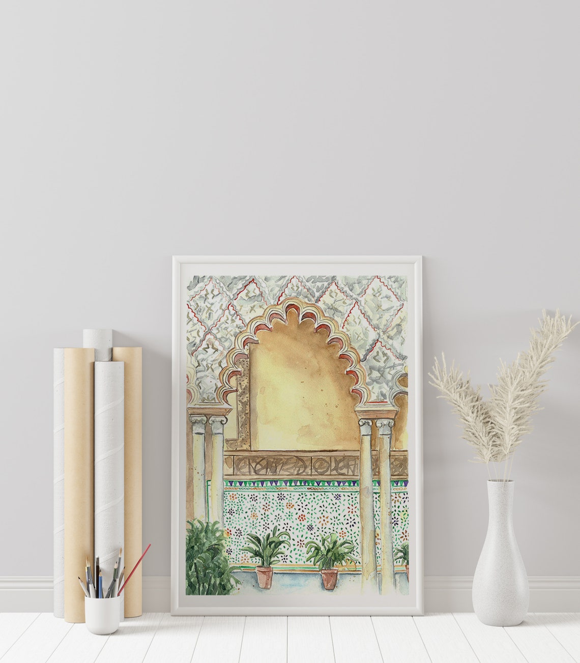Moroccan Horseshoe Arch Doorway With Mosaic Tiles And Plants Print - Image 2