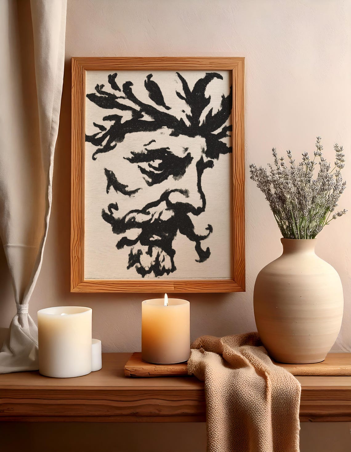 Bold Black Ink Abstract Bearded Face Modern Expressionist Poster