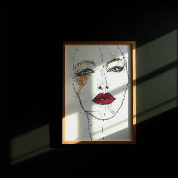 Woman Face Sketch Abstract Portrait Red Lips Fashion Art Poster