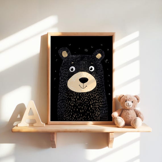 Cute Bear Art Nursery Decor Kids Room Scandinavian Wall Black Poster Playroom