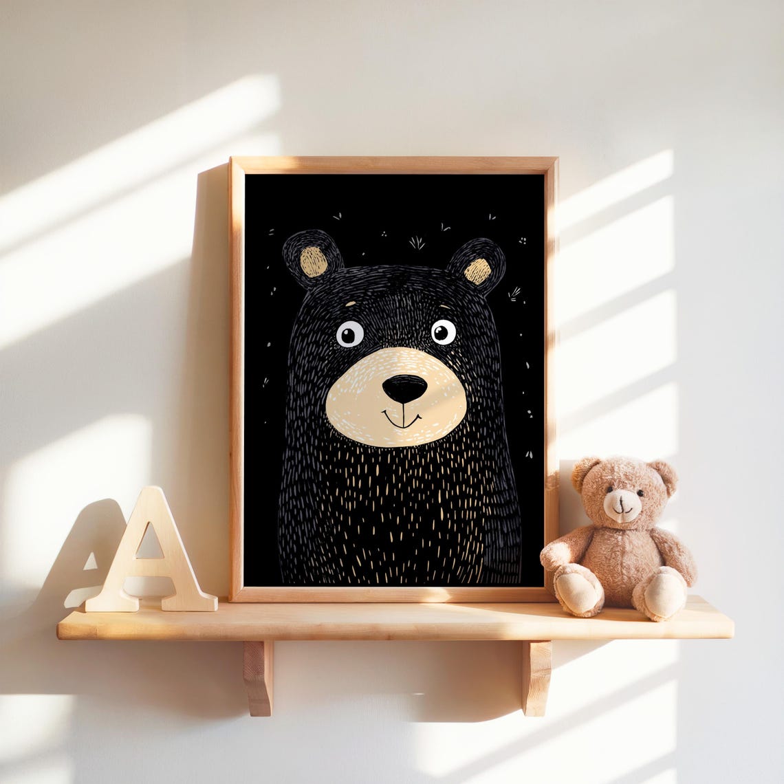 Cute Black Bear Nursery Illustration Smiling Cub on Black Poster