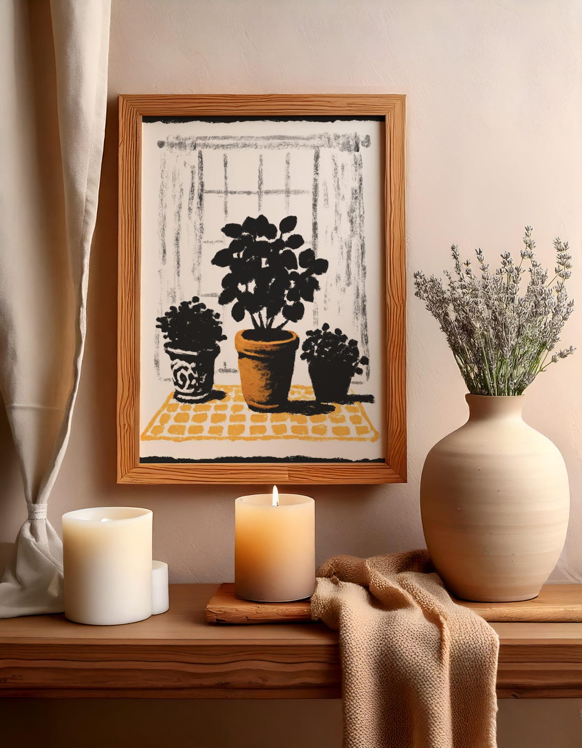 Potted Plants Windowsill Illustration Black Orange Art Poster