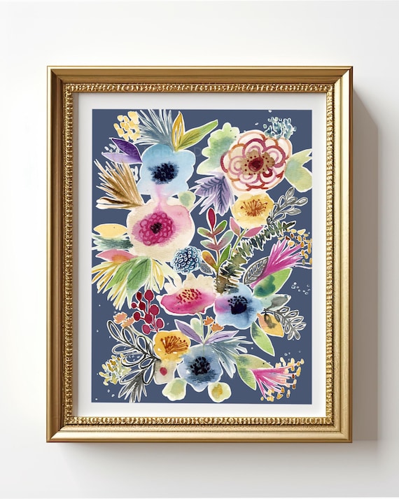 Slate Blue Watercolor Floral Bouquet Dark Botanical Wall Art