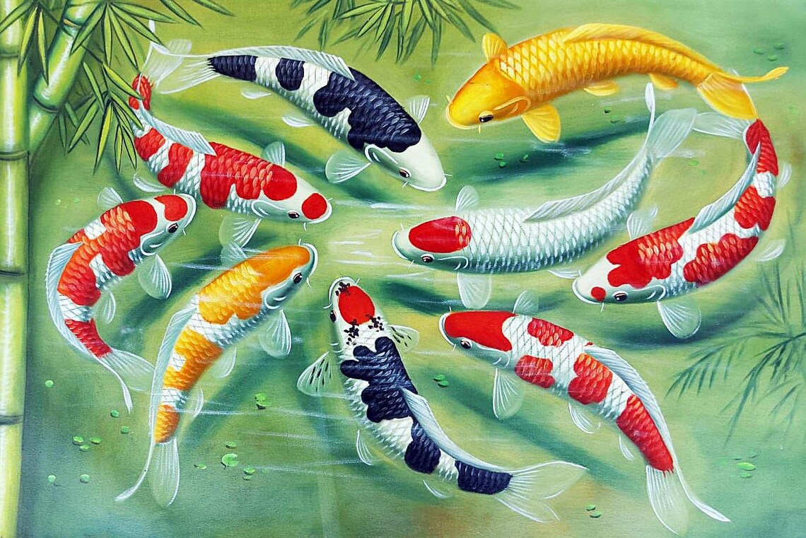 Nine Koi Fish Painting, Tranquil Minimalist Style - Image 4