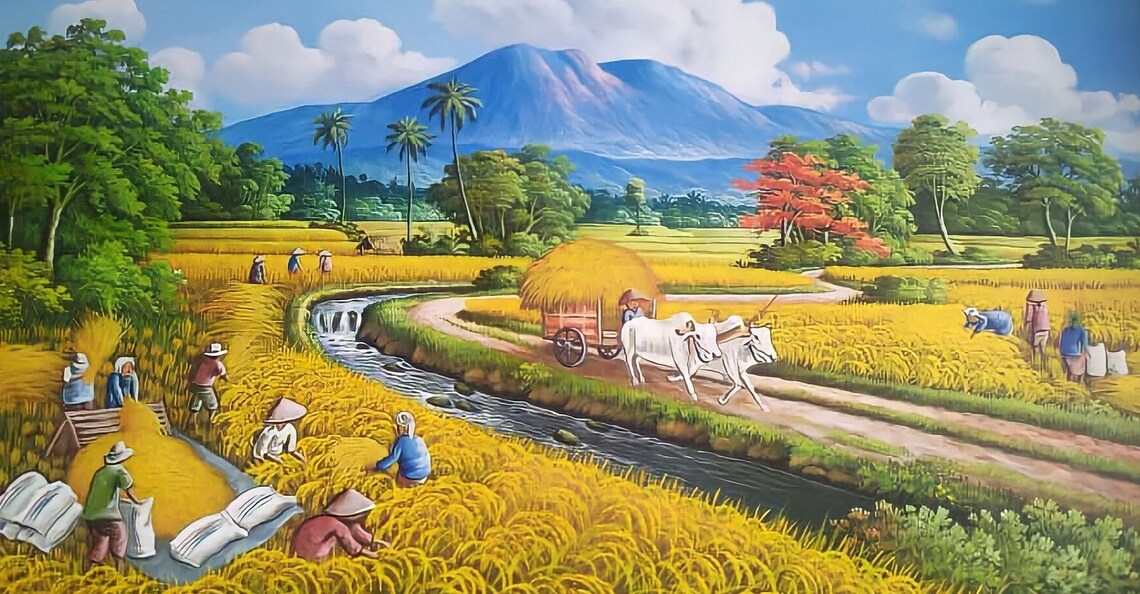 Rice Harvest Landscape Painting, Good Feng Shui Art Print - Image 4