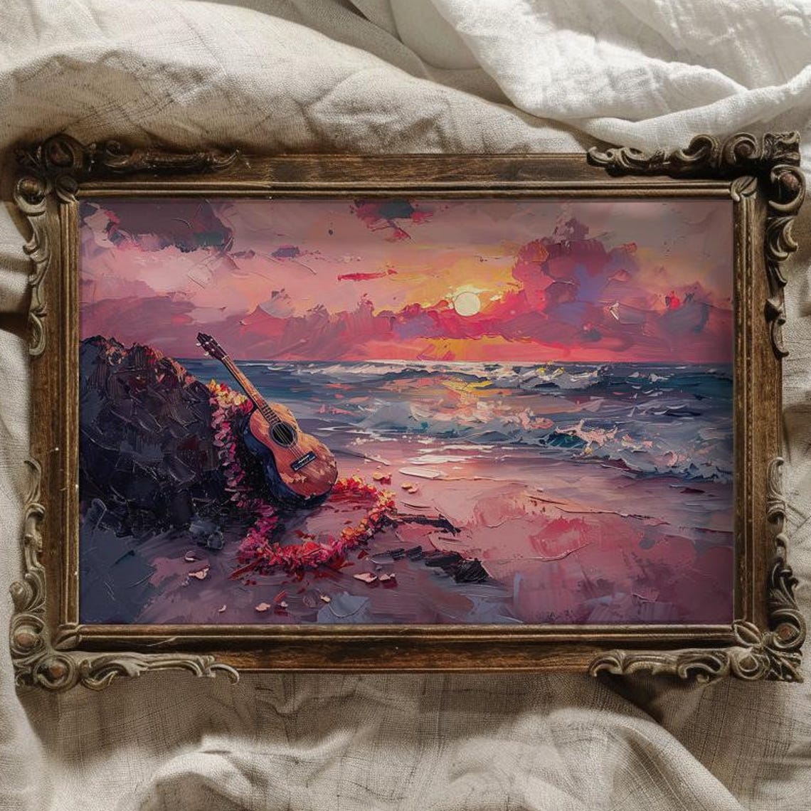 Ukulele With Flower Lei On Sunset Beach Tropical Ocean Art Poster