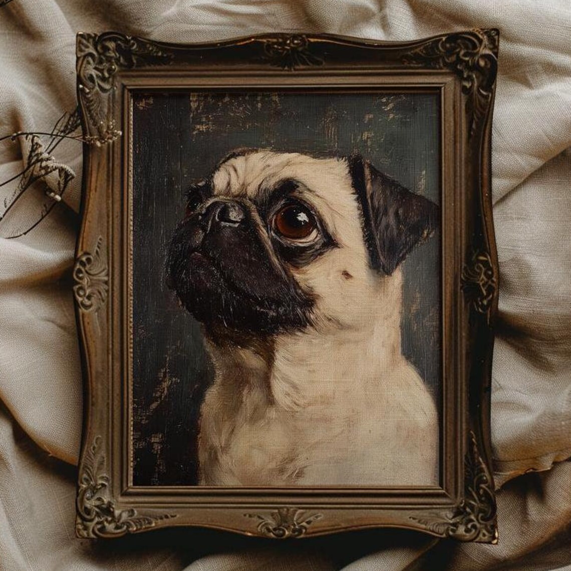 Pug Dog Portrait Gazing Upward Vintage Oil Painting Art Poster