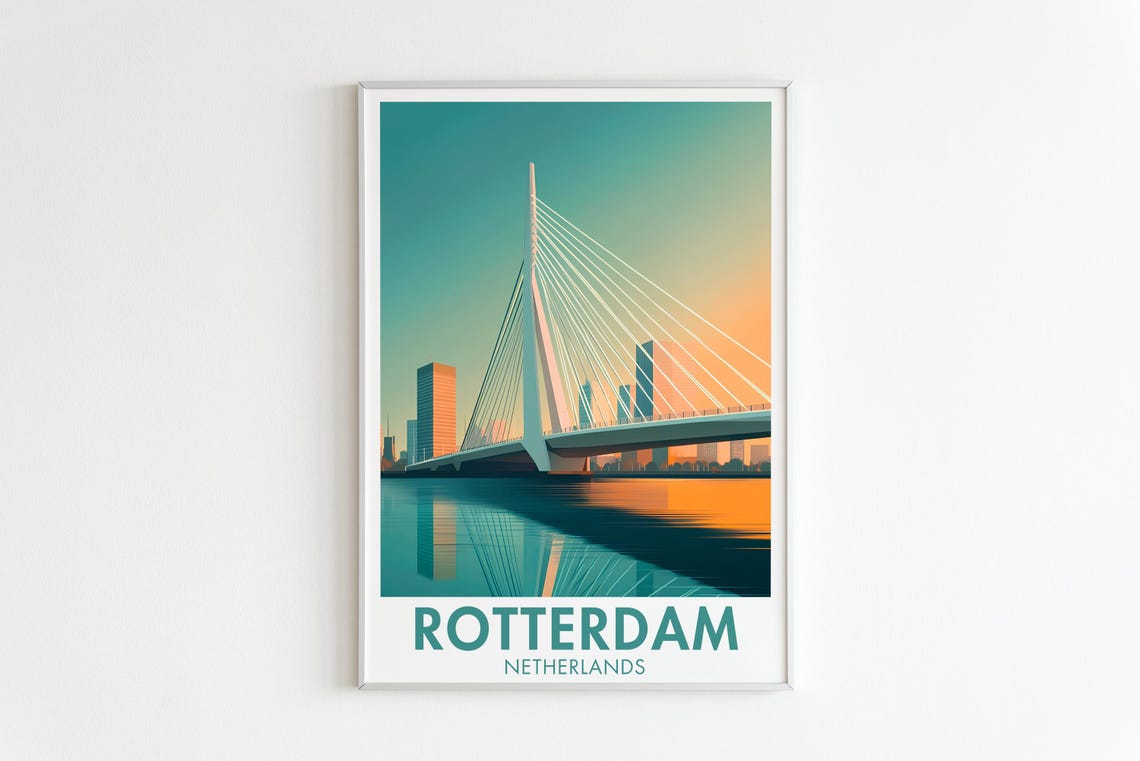 Rotterdam Erasmus Bridge Sunset Netherlands Modern Travel Poster - Image 5