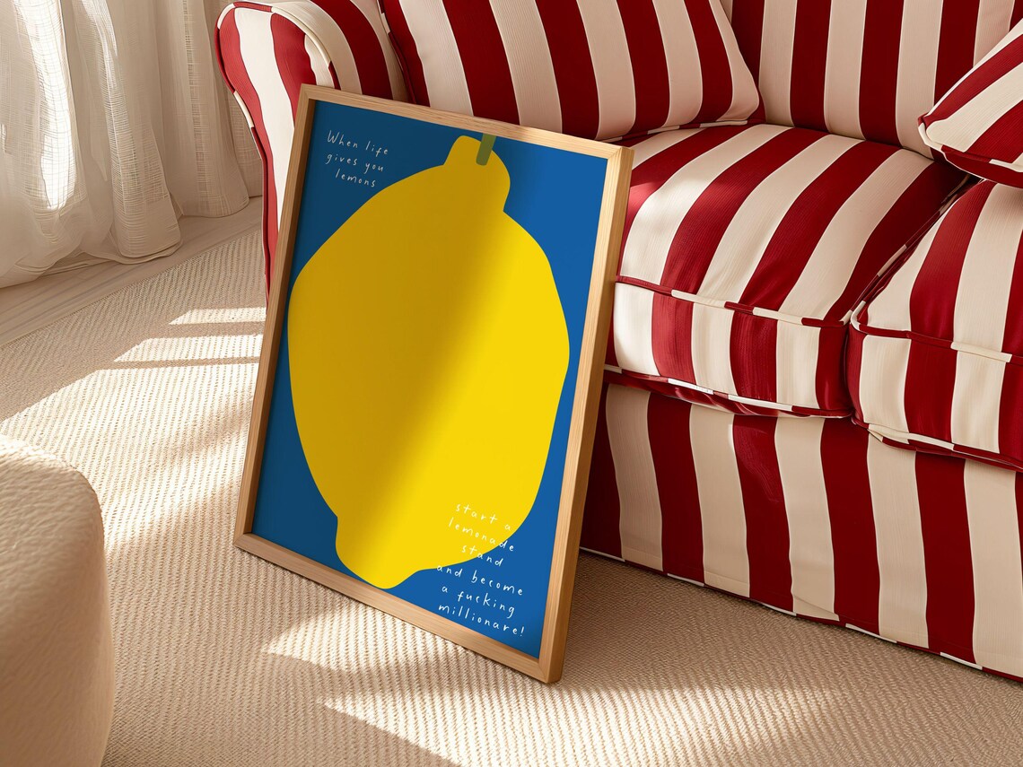 When Life Gives You Lemons Giant Lemon Blue Pop Art Quote Poster - Image 3