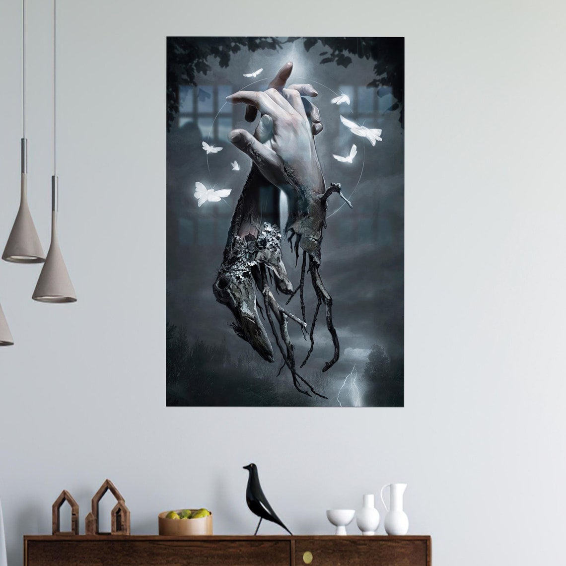 Dark Fantasy Hand Moths Tree Roots Gothic Surreal Glass Print