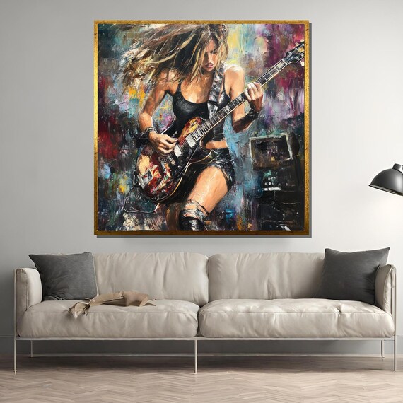 Female Rock Guitarist, Colorful Oil Painting