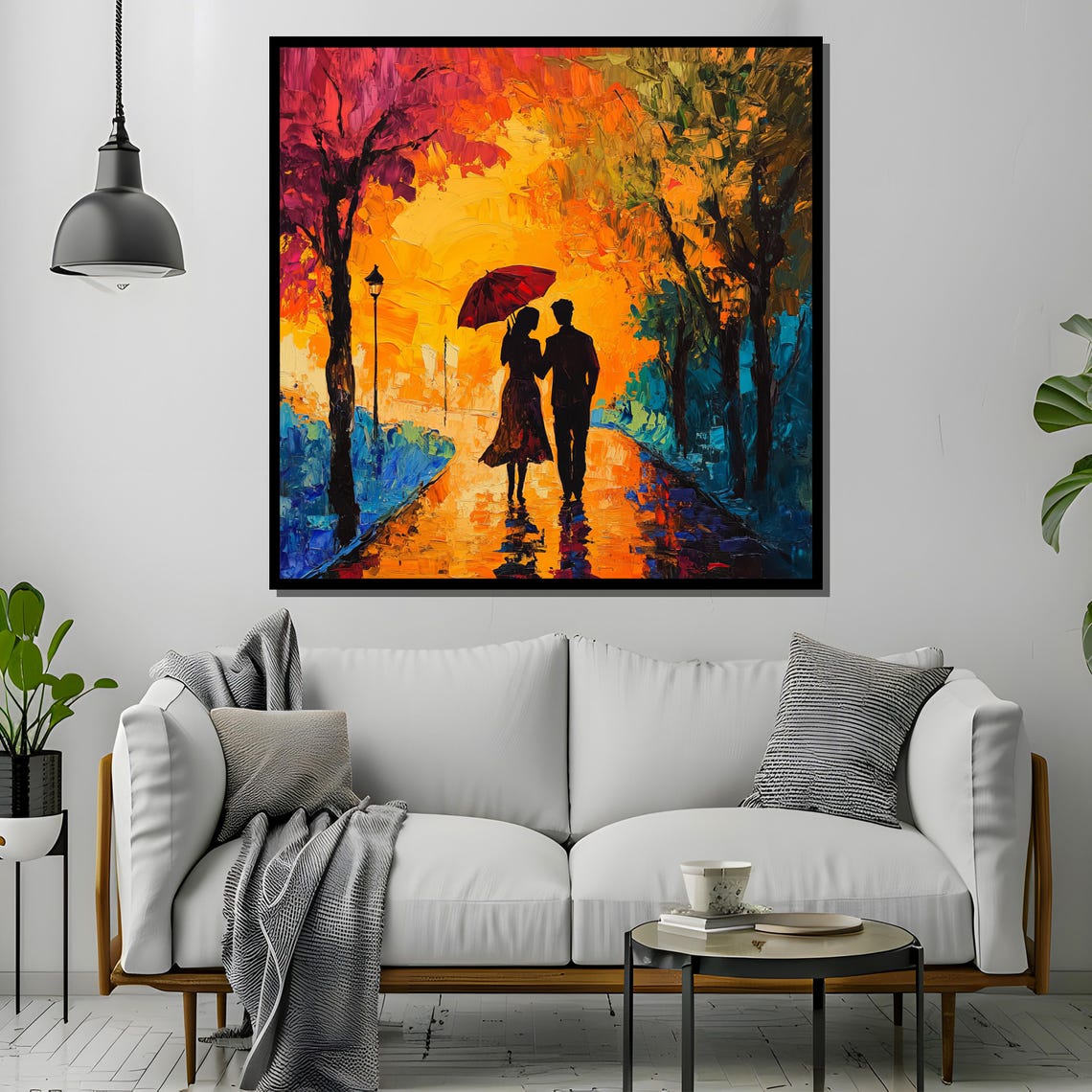 Romantic Couple Walking Under Red Umbrella, Impressionist Art Print - Image 2