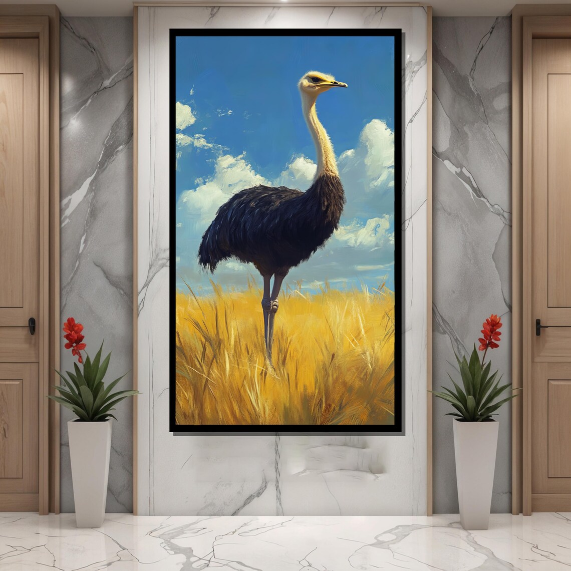 Ostrich in Savannah Painting, Wildlife Bird Art - Image 2