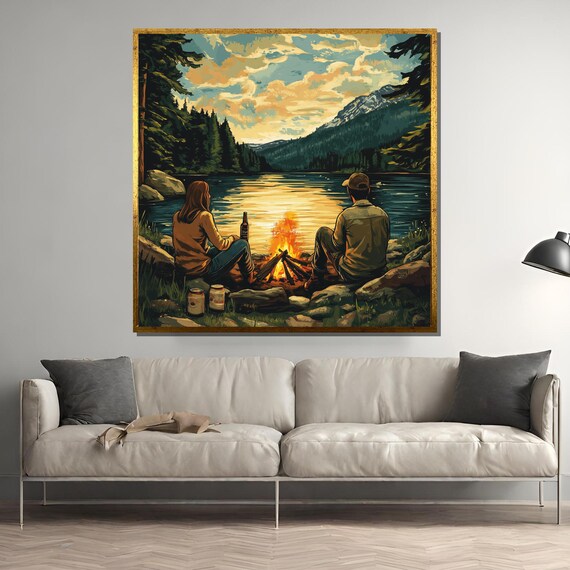 Couple By Campfire Lake Painting, Rustic Cabin Decor