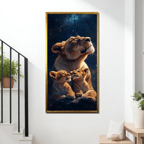 Lioness and Cubs Under Starry Sky Travel Poster