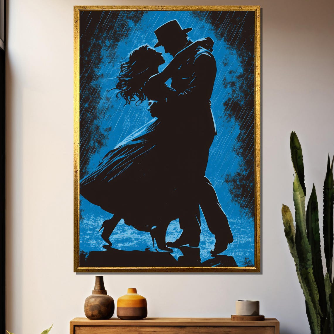 Romantic Dance In Rain Silhouette Couple Poster
