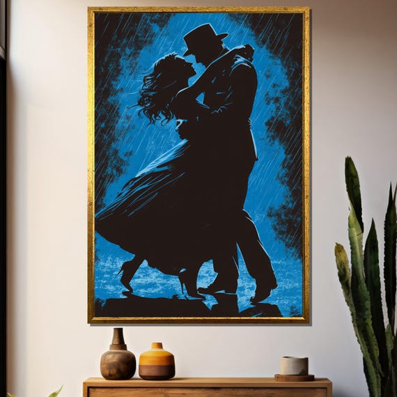Romantic Dance In Rain Silhouette Couple Poster
