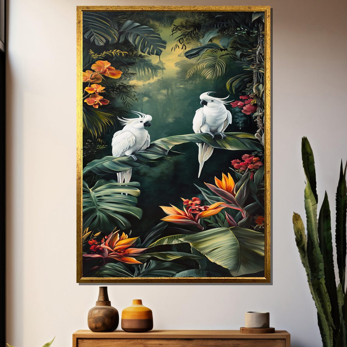 Tropical Cockatoos, Lush Rainforest Oil Painting