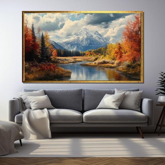 Golden Autumn Mountain Landscape, Rustic Nature Art Print