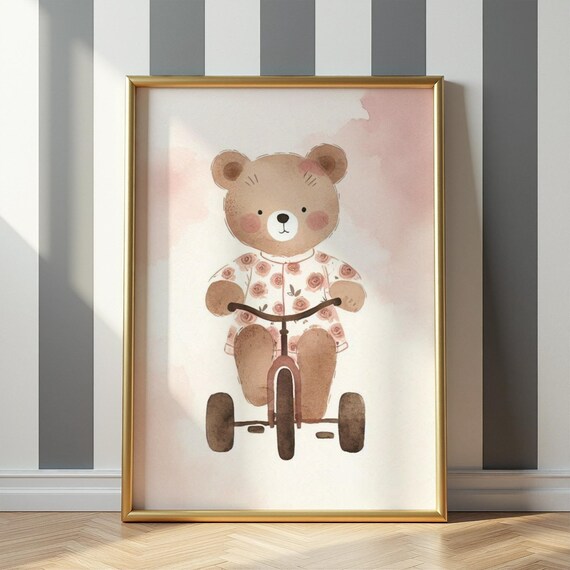 Baby Bear on Floral Tricycle Pink Watercolor Nursery Room Wall Poster
