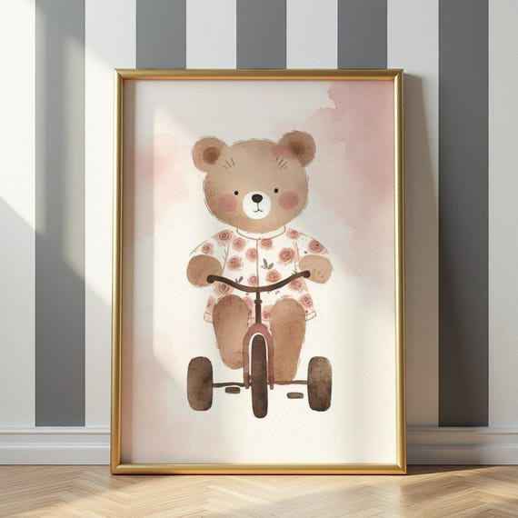 Bear On Bike Floral Print Cute Brown Tricycle With Flowers Wall Art Baby Nursery Decor