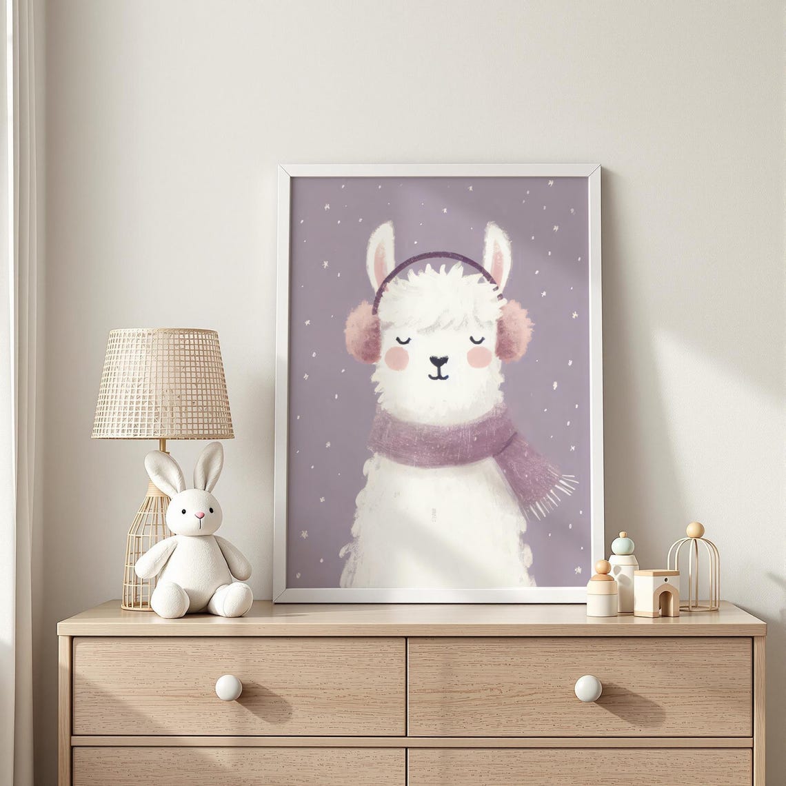 Sweet White Llama Wearing Cozy Winter Earmuffs Nursery Wall Art
