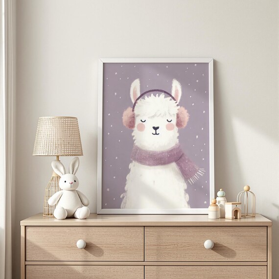 Sweet White Llama Wearing Cozy Winter Earmuffs Nursery Wall Art