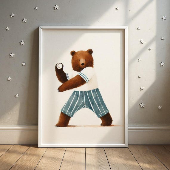 Bear Baseball Player Wall Art Sports Animal Nursery Print Kids Room Decor