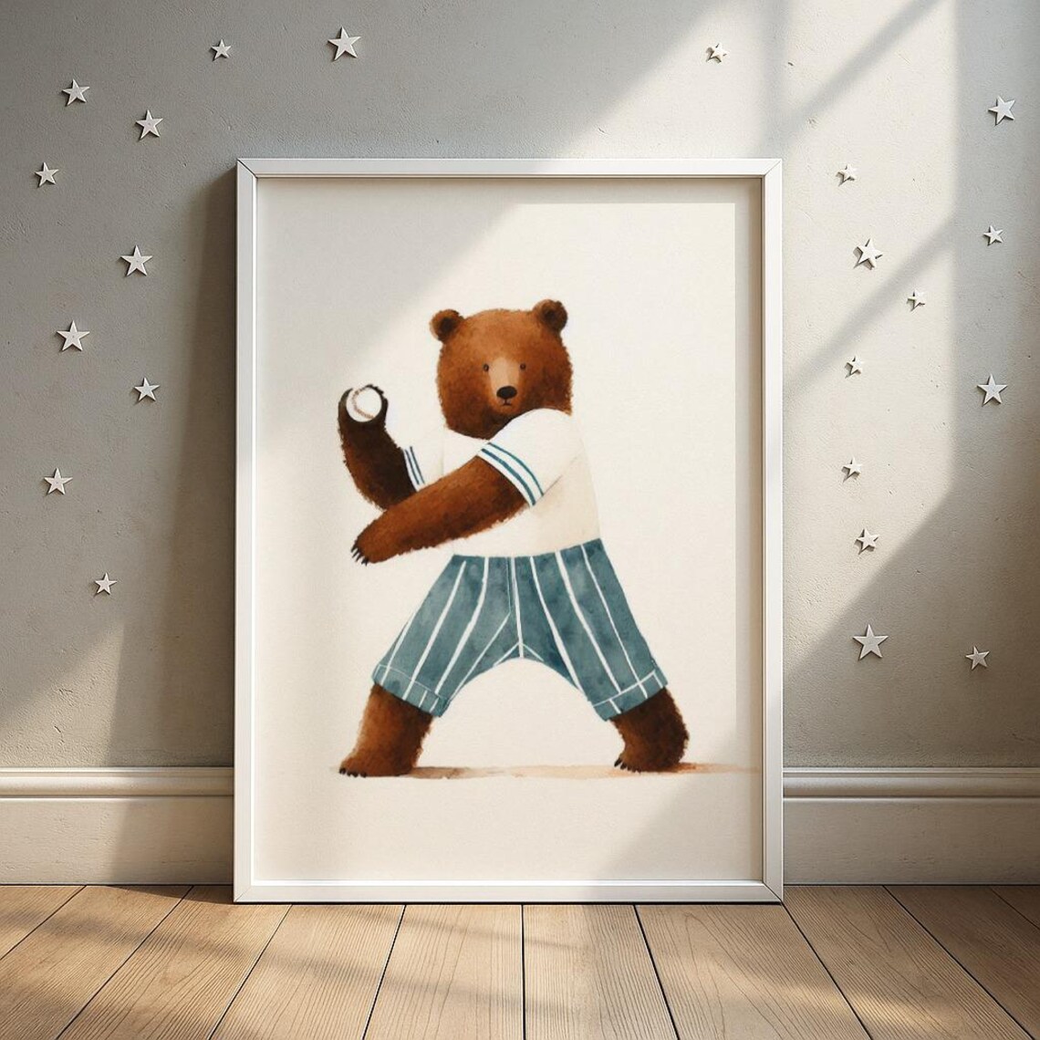 Bear Baseball Player Wall Art Sports Animal Nursery Print Kids Room Decor