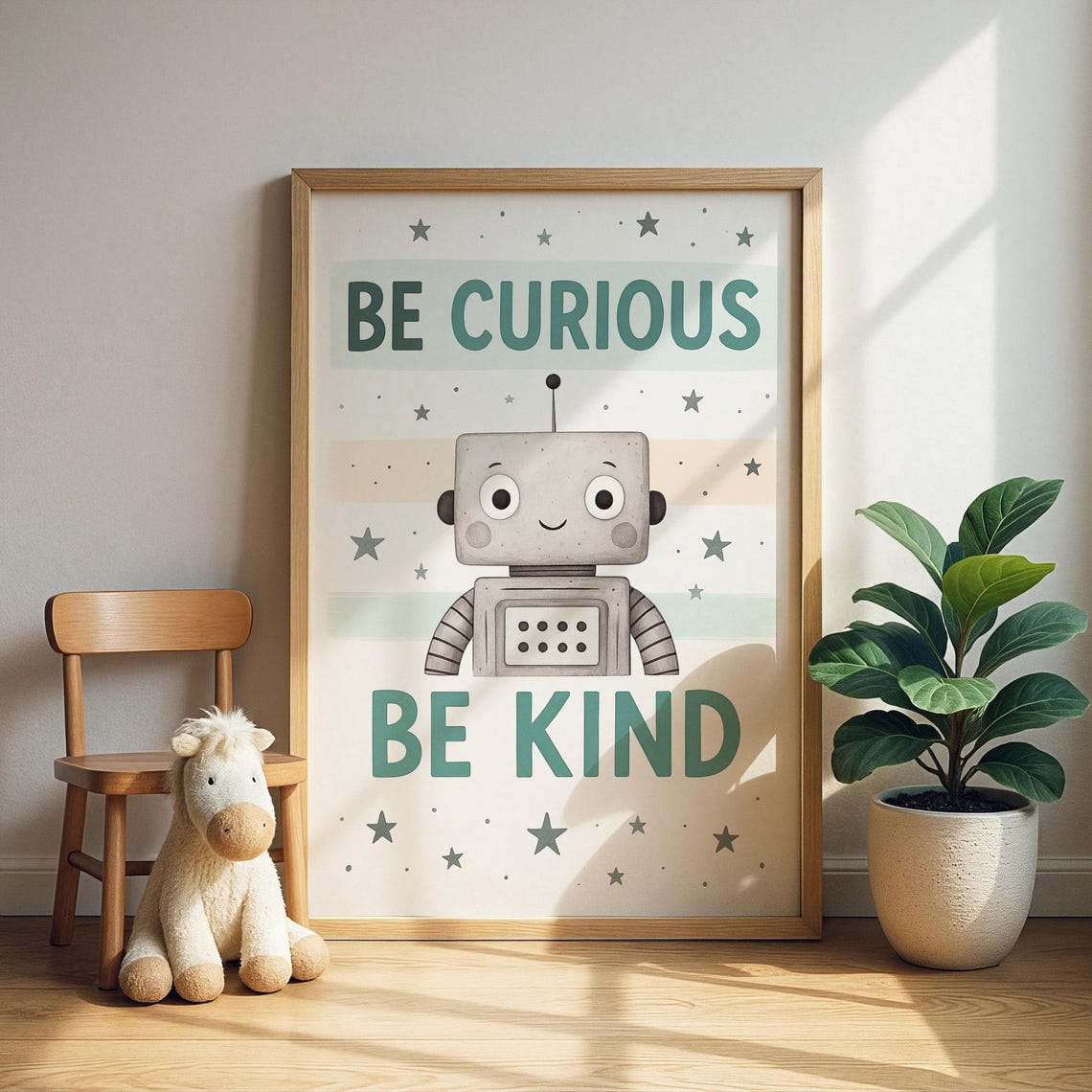 Be Curious Be Kind Cute Robot Inspirational Nursery Wall Art