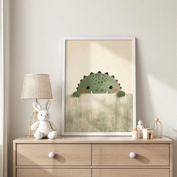 Peeking Baby Dinosaur Over Wall Cute Kids Nursery Wall Poster