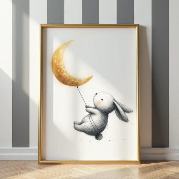 Moon Balloon Rabbit Nursery Print Floating Bunny With Crescent Illustration Baby Room Decor