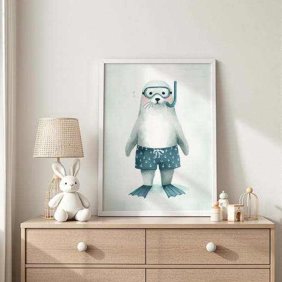 Snorkeling Seal Print In Anchorpatterned Shorts Illustration Toddler Room Decor