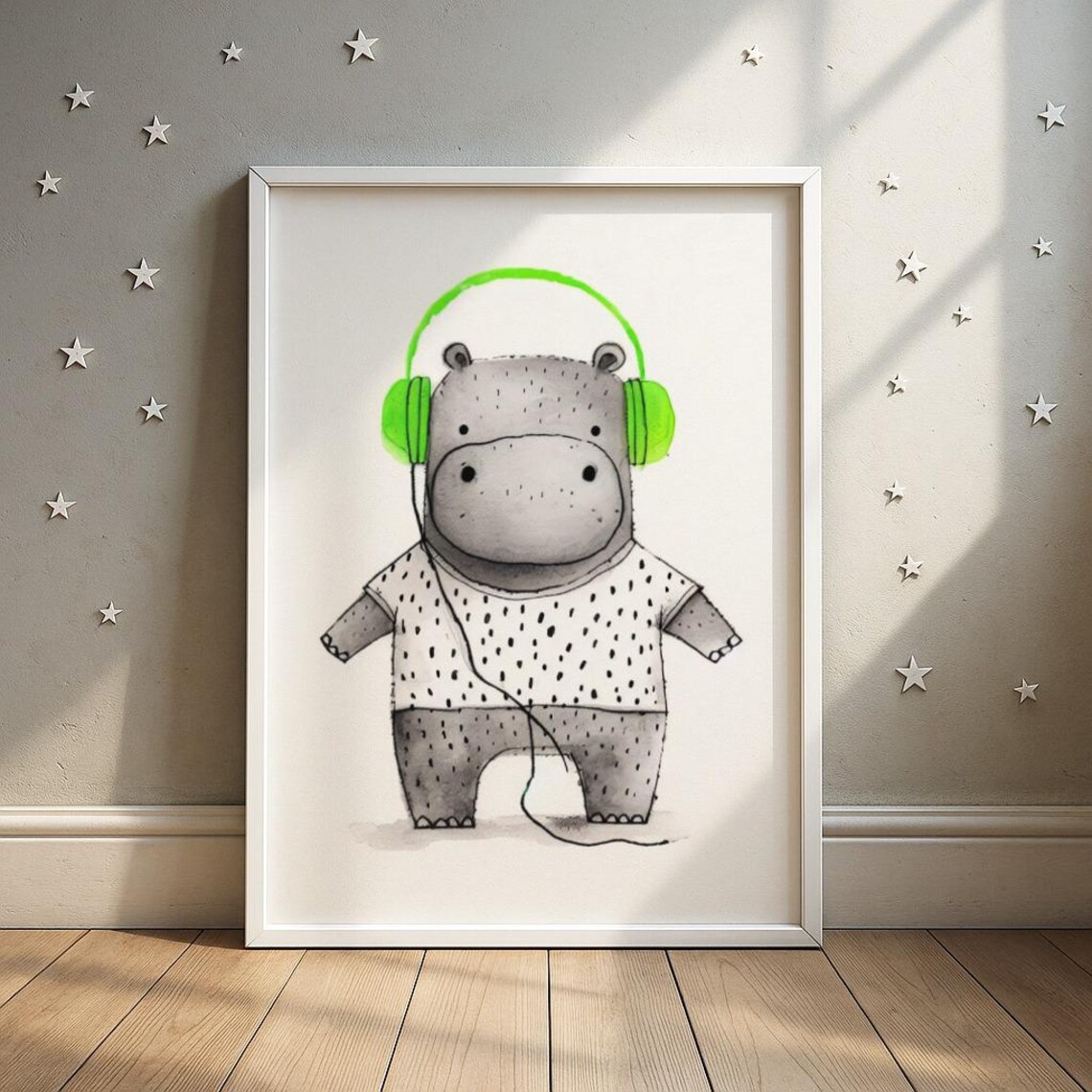Dj Hippo Nursery Print Hippopotamus With Headphones Wall Art Kids Room Decor