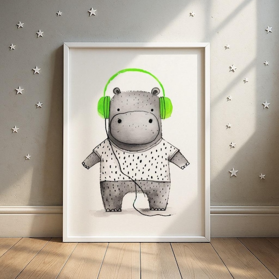 Funny DJ Hippo Wearing Bright Green Headphones Kids Nursery Room Poster