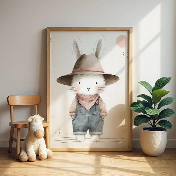 Cool Rabbit Style Overalls Print Cute In Brown Hat And Blue Wall Art Kids Room Decor