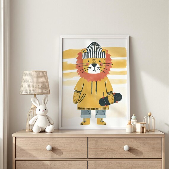 Skateboarding Lion Cub Art Cool On Board Nursery Poster Kids Room Decor