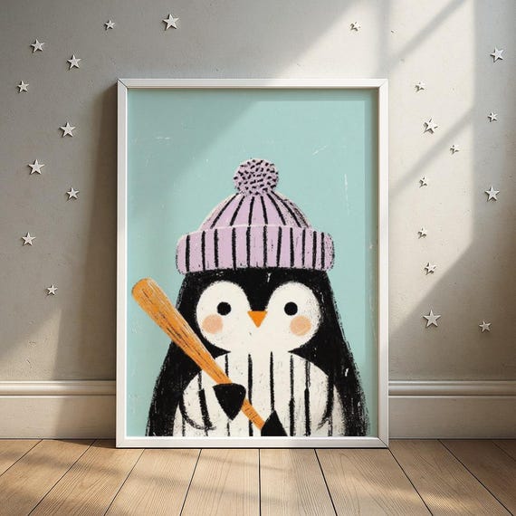 Baseball Penguin Winter Hat Wall Art Sports Animal Nursery Print Kids Room Decor