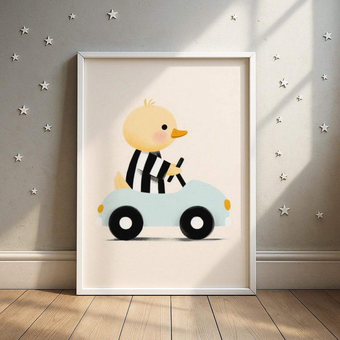 Cute Yellow Duckling Driving a Little Blue Car Nursery Wall Art