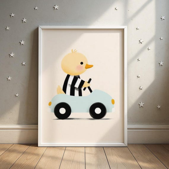 Driving Duck Car Wall Art Cute Duckling Behind The Wheel Illustration Toddler Room Decor