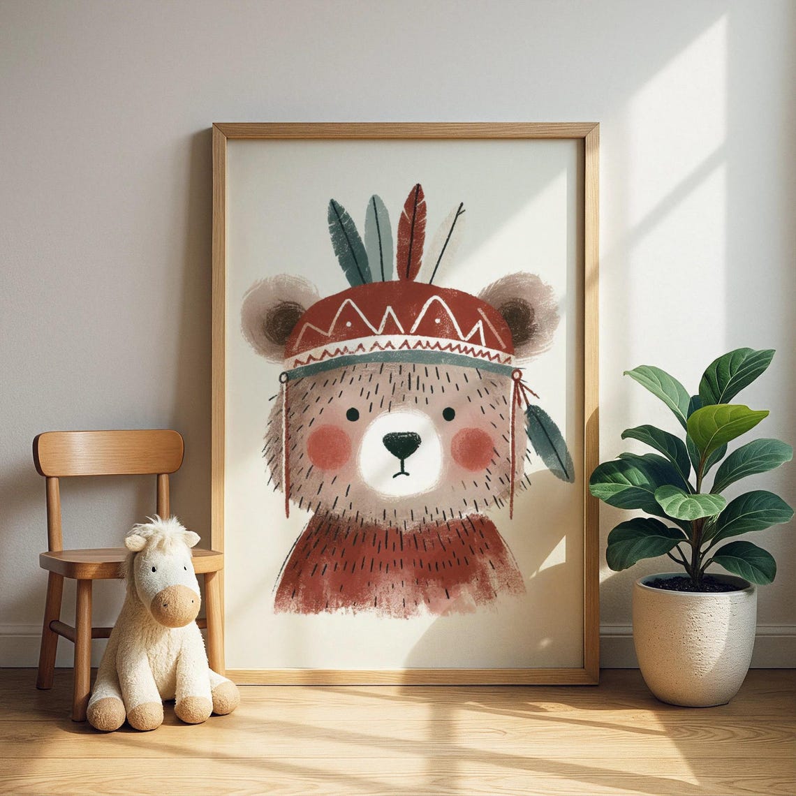 Tribal Feather Headdress Bear Portrait Cute Kids Boho Poster