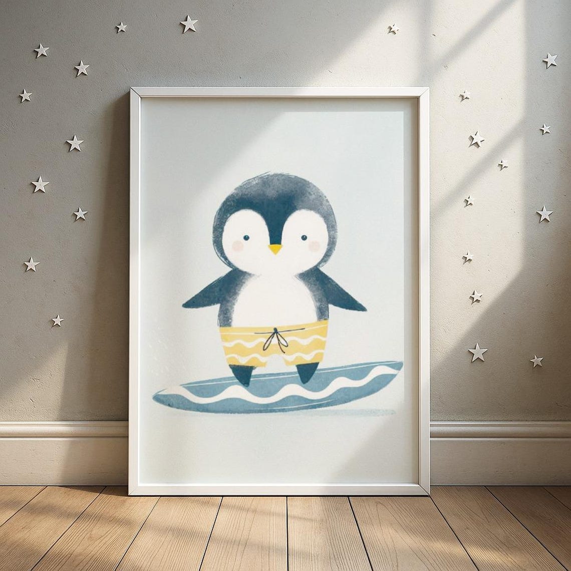 Surfing Penguin Cub Print Adorable On Wave Illustration Nursery Beach Decor