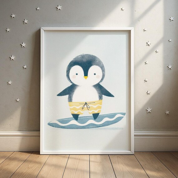 Surfing Penguin Yellow Striped Shorts Blue Wave Board Poster