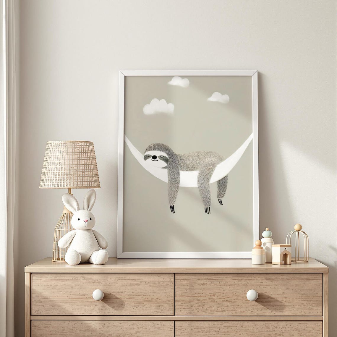 Relaxed Sloth Resting In White Hammock Boho Nursery Art Poster