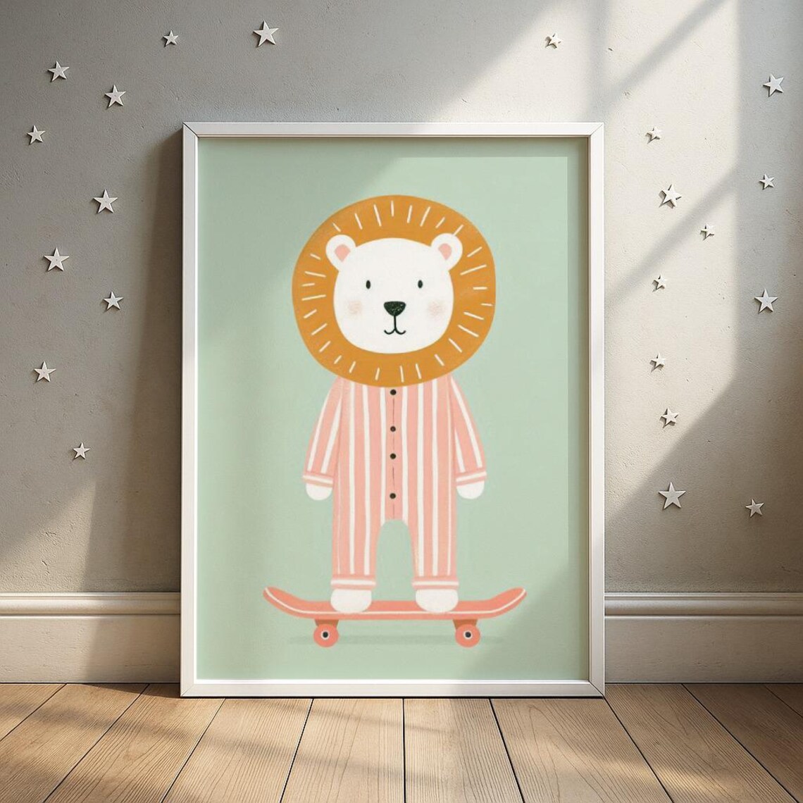 Lion Cub in Striped Pajamas on a Skateboard Nursery Room Art Print
