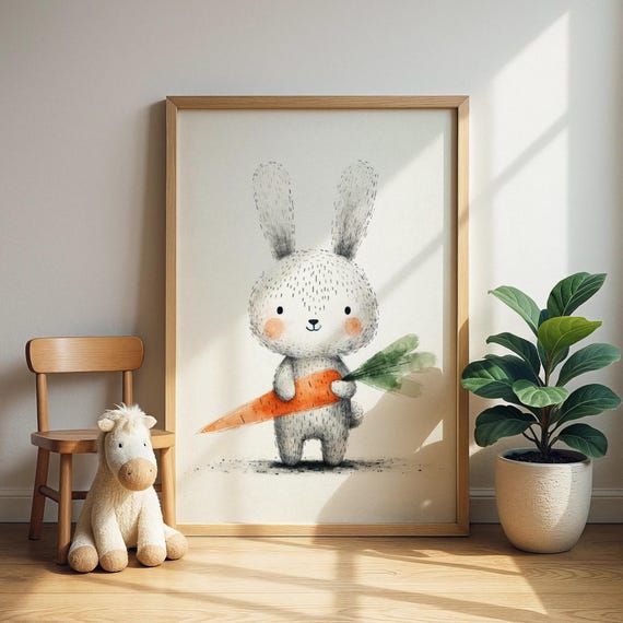 Carrotholding Bunny Print Rabbit With Carrot Nursery Illustration Kids Room Decor