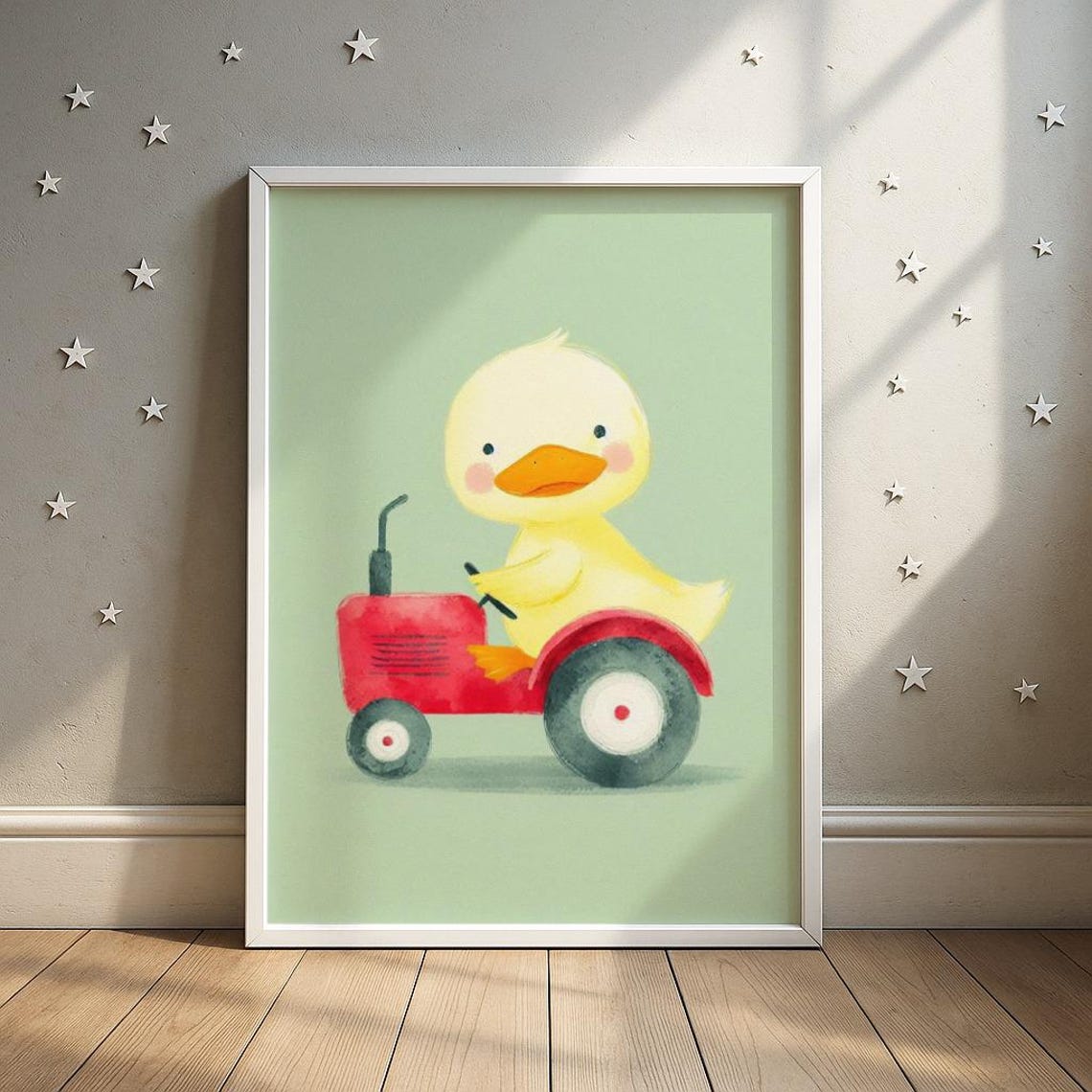 Duckling Driving a Little Red Tractor Cute Farm Nursery Wall Art