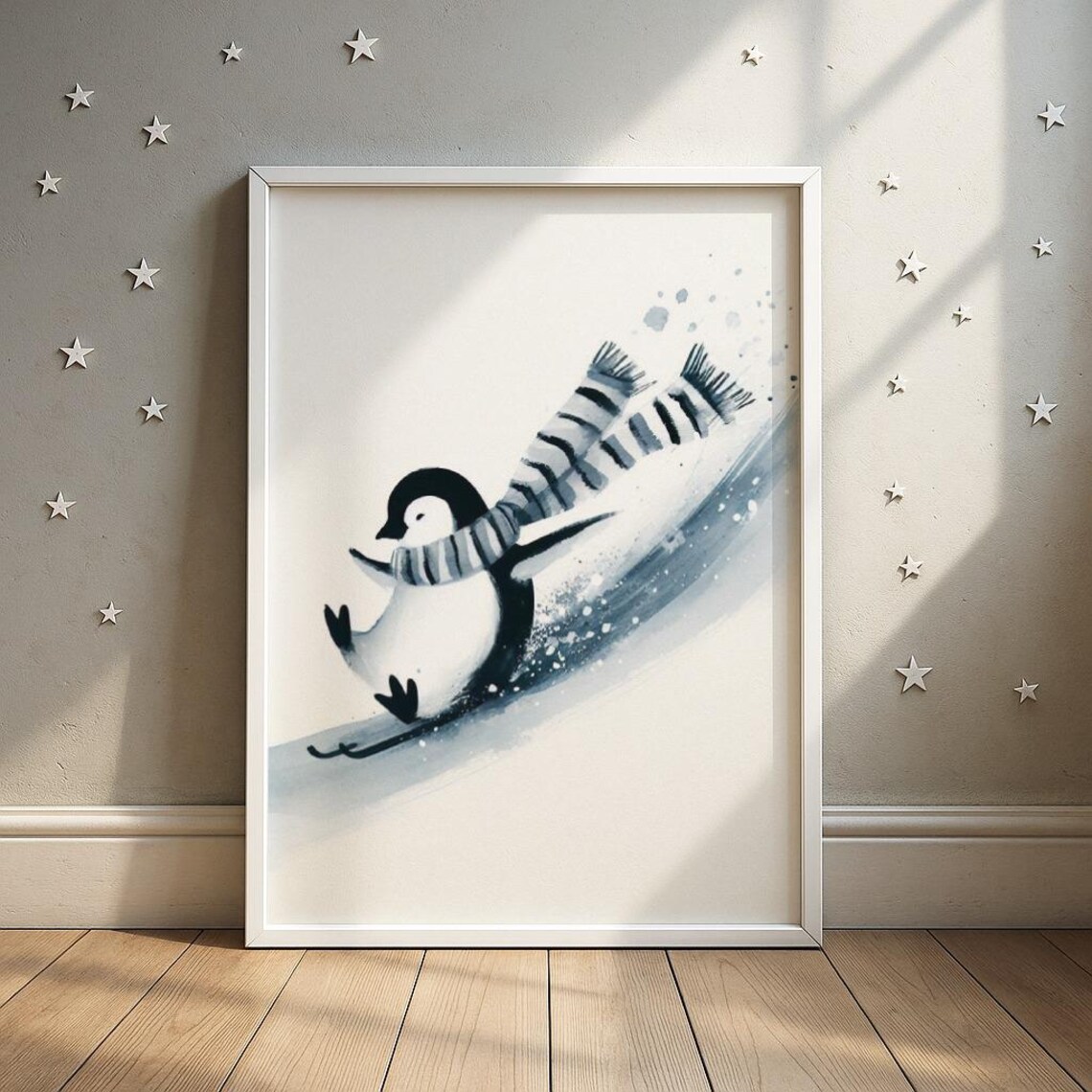 Sliding Penguin On Sled, Winter Nursery Art Print