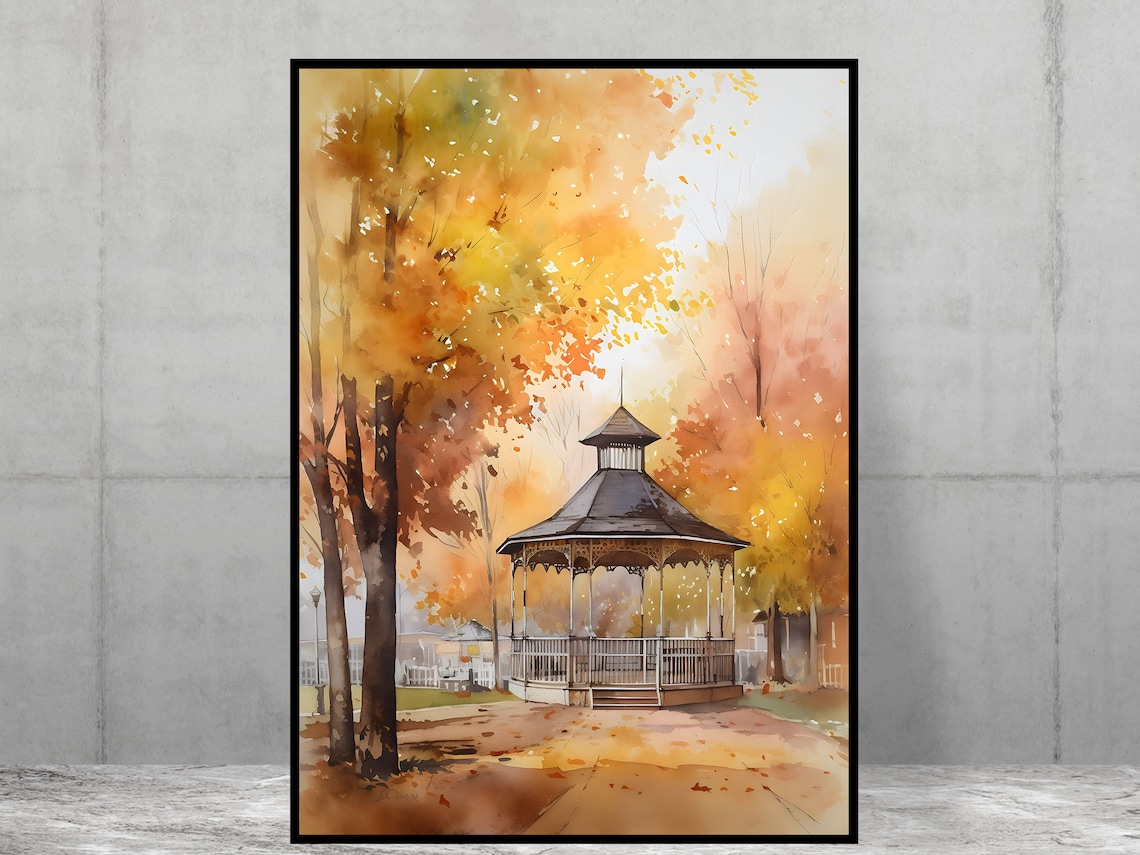 Gazebo In Autumn Scene, Small Town America Poster